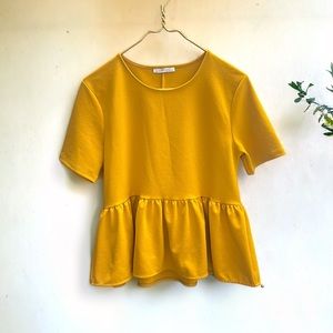 Zara Mustard Yellow Peplum Short Sleeve Shirt